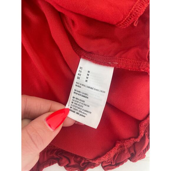 American Eagle Red Romper Tie Front Cut Out Bell Sleeve Smocked Ruffle Size M - Picture 6 of 8
